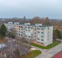 The portable building on Školská Street in Kolárovo surrounded by trees and other buildings.