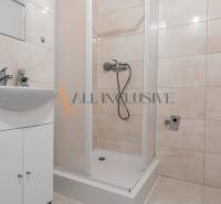 A bathroom with a white sink and a shower in a studio apartment.