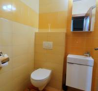 A bathroom in a family house with yellow tiles, a sink, and a mirror above it.