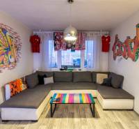 A comfortable living room with graffiti, a gray couch, and a wooden decor floor in a 2-room apartment.