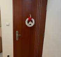 Wooden door with a decorative wreath in a 3-room apartment with wood-patterned flooring.