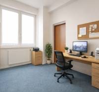 Offices with a desk, computer, and a shelf with documents on a light carpet.
