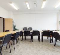 Offices with desks and chairs, bright lighting, plants, and a coat rack.