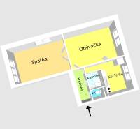 2-room apartment with a hallway, living room, bedroom, kitchen, bathroom, and toilet.