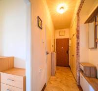 A hallway in a 2-room apartment with furniture and decorative wall cladding.