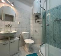 A bathroom with tiles, a sink, a toilet, and a shower in a studio apartment.