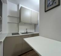 Compact kitchen with grey cabinets, sink, and ceramic hob in a studio apartment.