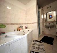 A bathroom in a family house with a bathtub, sink, and shower.