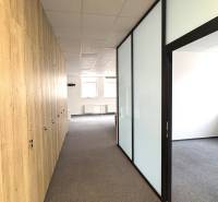 A corridor with offices with glass walls, wooden decor, and carpet.