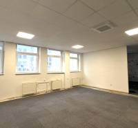 Carpeted offices, large windows, white walls, ceiling lighting.