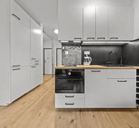 A kitchen in a studio apartment with white cabinets and a wood-patterned floor.