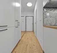 A hallway with white cabinets and a wooden decor floor in a studio apartment.