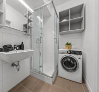 Bathroom with a washing machine, shower, and sink in a studio apartment.