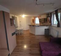 Living room in a 3-room apartment with a kitchen, dining table, and wooden decor flooring.