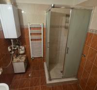 A bathroom with ceramic tiles, a shower corner, and a white boiler in a three-room apartment.