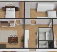 Floor plan of a 3-room apartment with wood-patterned flooring, including furniture and equipment.