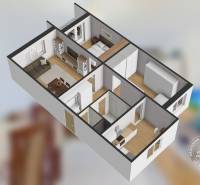 3D floor plan of a 3-room apartment with wood-patterned flooring and furniture.