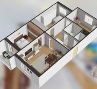 3D plan of a 3-room apartment with a wood-decor floor, seating area, and kitchen.