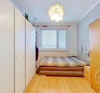 Bedroom in a 3-room apartment with wood-patterned flooring, a wardrobe, and a bed.