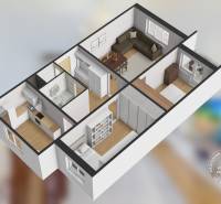 3D floor plan of a 3-room apartment with wood-patterned flooring and furniture.