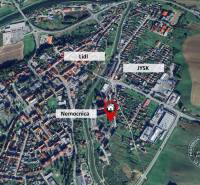 Aerial view of Stará Ľubovňa, Za vodou, with marked shops and hospital.