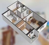 A floor plan of a 3-room apartment with wood-patterned flooring and a practical layout of rooms.