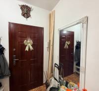 Entrance hall of a 2-room apartment with a mirror, decorative doors, and a coat rack.