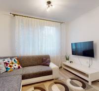 Living room in a two-room apartment with a sofa, television, and wooden decor flooring.