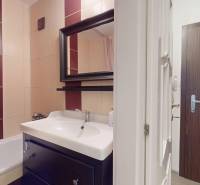 Bathroom with a shower and a sink in a 2-room apartment, tiles in beige and burgundy.