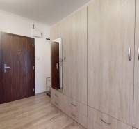 Spacious hallway in a 2-room apartment, wardrobe unit, floor with wood decor.