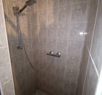 Shower corner with ceramic tiles in a family house, without a tray.