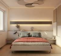 Bedroom in a 2-room apartment with a bed, wooden decor, and modern lighting.