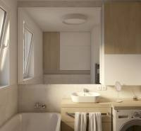 A bathroom in a 2-room apartment with a window, a bathtub, a washing machine, and cabinets with a wooden decor.