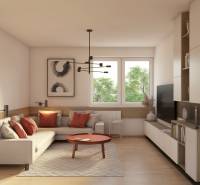 Living room with a sofa, table, and shelves in a 2-room apartment with a wooden decor floor.