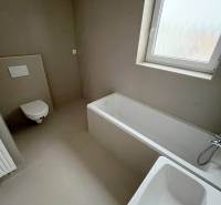 Bathroom in a 2-room apartment with a bathtub, sink, toilet, and a window with frosted glass.