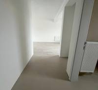 A hallway with white walls and a wooden decor floor in a 2-room apartment.