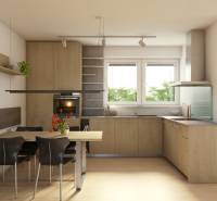 A kitchen in a 2-room apartment with a wood-patterned floor and a dining table.