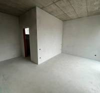 Interior with a concrete ceiling and windows in a family house, ready for completion.