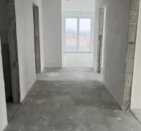 Hallway in a 3-room apartment, white walls, large window, unfinished floor.
