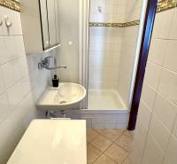 Bathroom in a 2-room apartment with a washing machine, sink, and shower. Tiled floor.