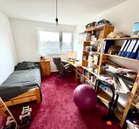 A room in a family house with a table, bed, shelves, and a red carpet.