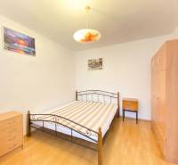 Bedroom in a 2-room apartment with a bed, wardrobe, and wooden decor flooring.