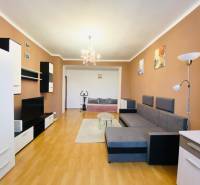 Living room in a two-room apartment with a wooden decor floor, a sofa, and a television.