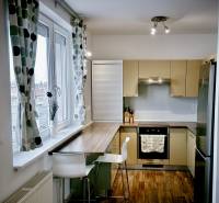 A kitchen in a 3-room apartment with a bar counter, a wooden decor floor, and a large window.