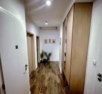 A hallway in a 3-room apartment with a wooden decor floor and built-in wardrobes.