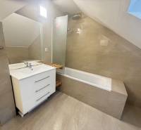 A bathroom in a one-room apartment with a shower and a sink.