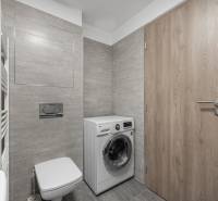 Bathroom with gray tiles, built-in toilet, and washing machine in a 2-room apartment.