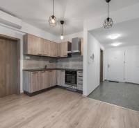 The kitchen of a two-room apartment with a wooden decor floor and built-in lights.