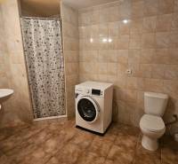 A bathroom in a 3-room apartment with a shower, double sink, toilet, and washing machine.