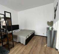 A bedroom in a studio apartment with a wood-patterned floor and minimalist furnishings.